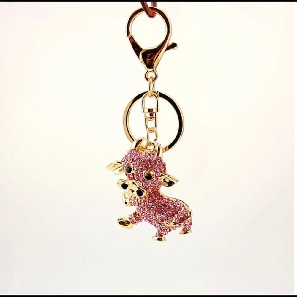 Cartoon Style Pink Crystal Cow Keychain Charm